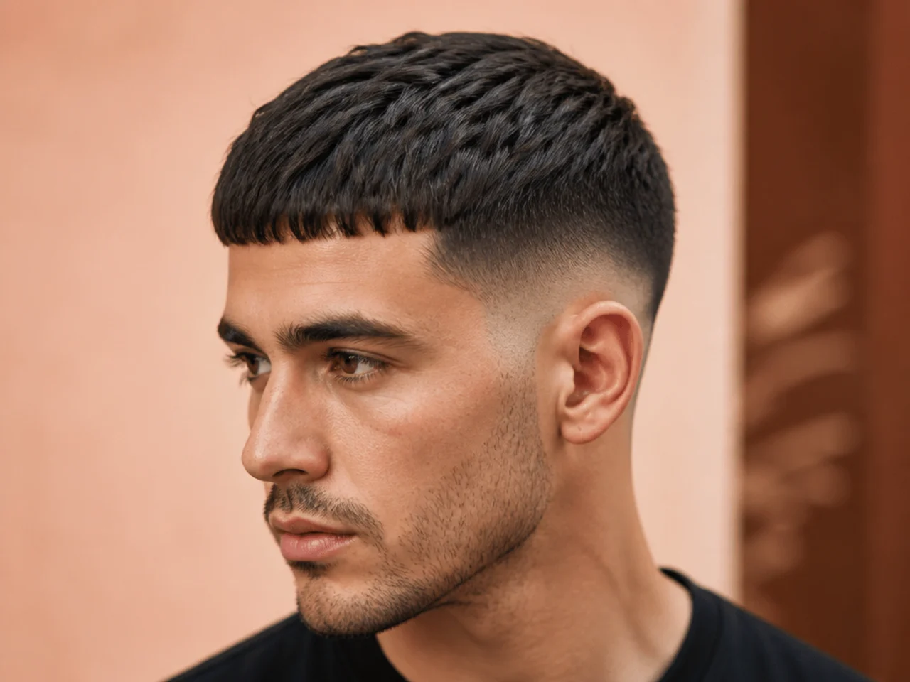 Modern Caesar cut on straight hair with a short forward fringe