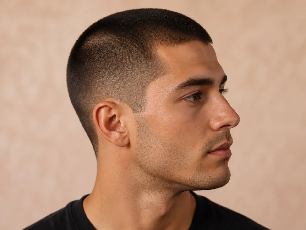 Classic buzz cut on straight hair with a square neckline and clean temples