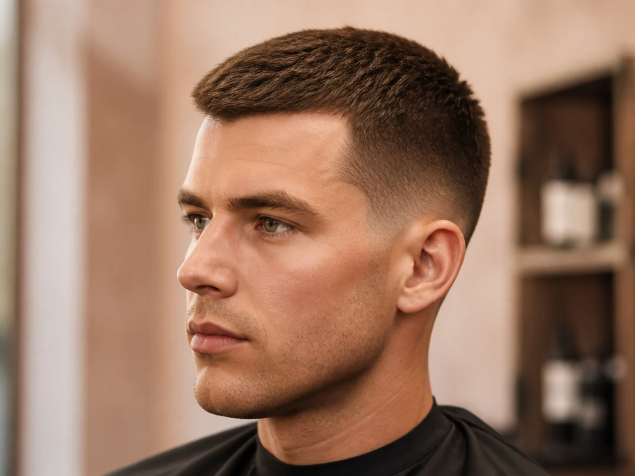 Classic crew cut on straight hair with one-inch top and tapered sides