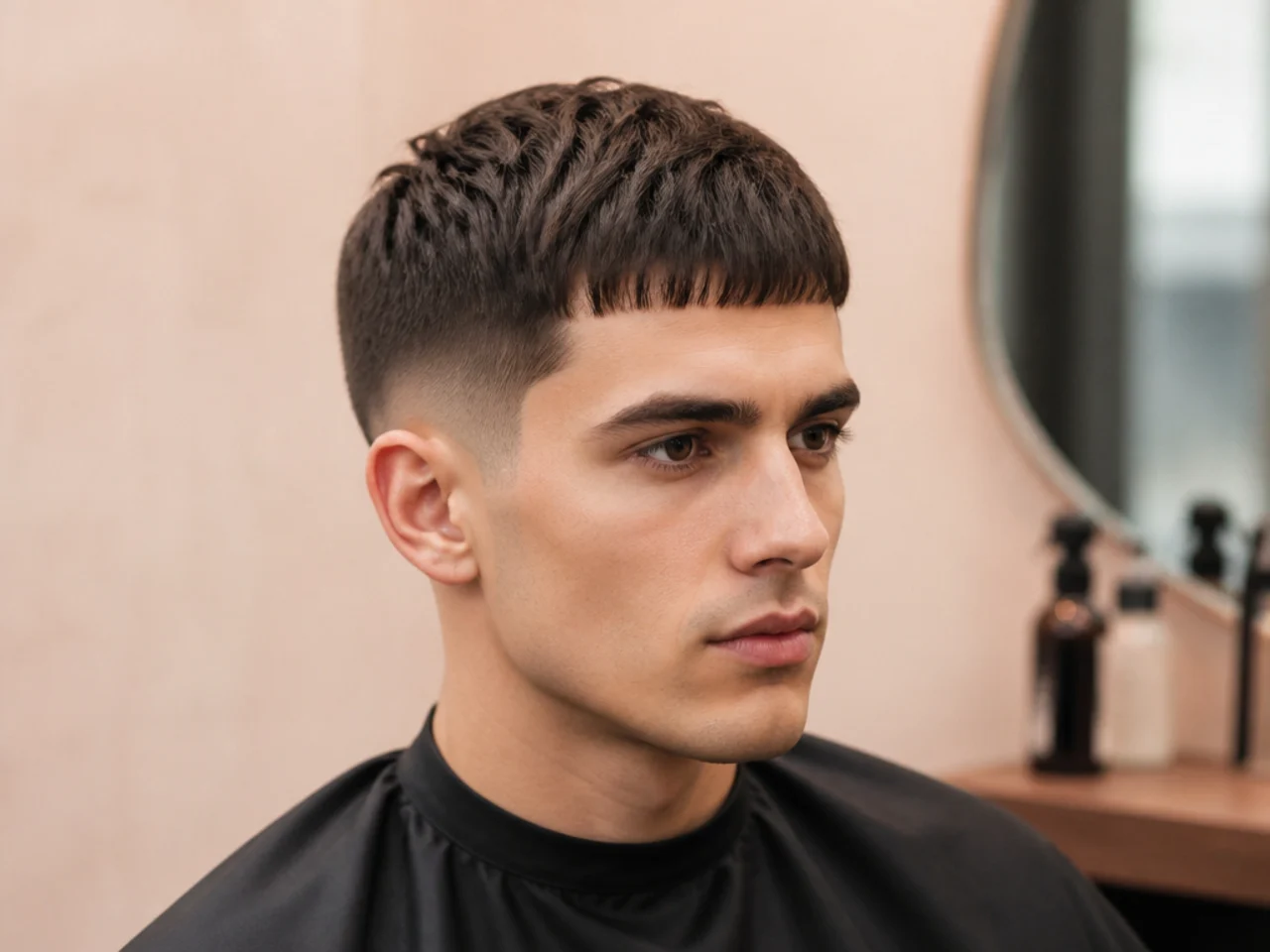 Classic French crop on straight hair with blunt fringe at the brow