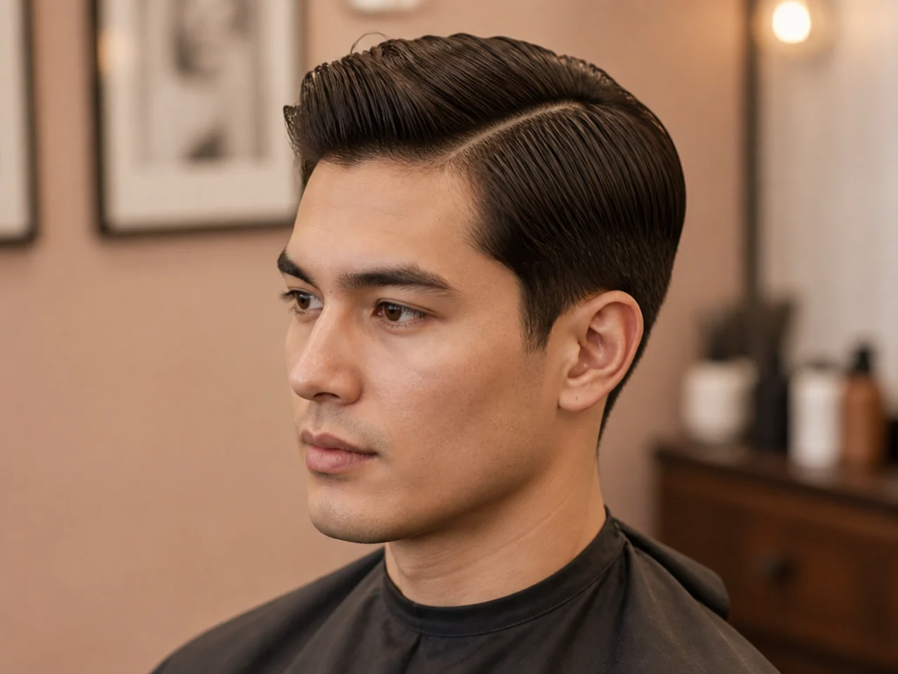 Classic side part on straight hair with a defined natural part and low fade