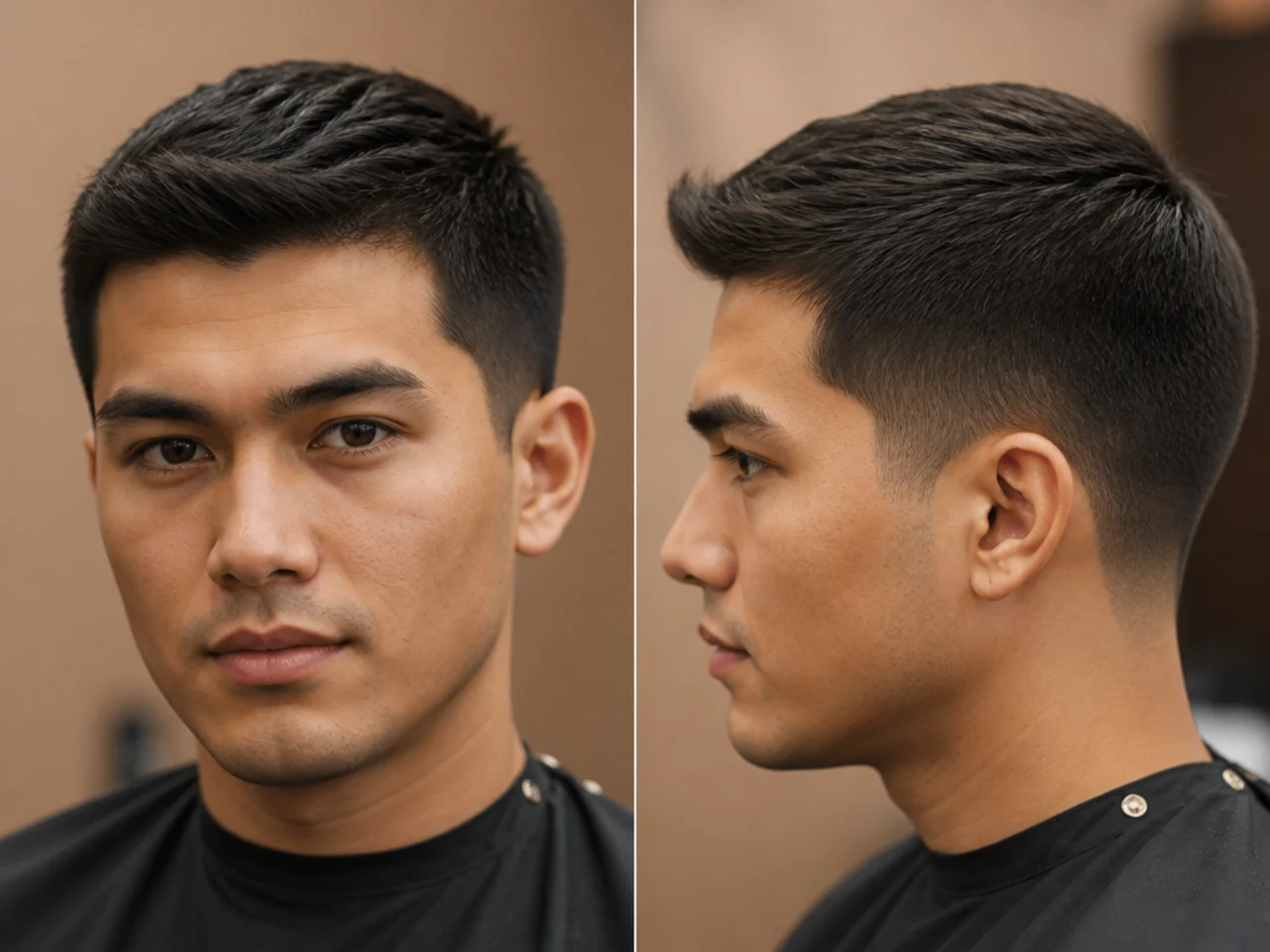Crew cut and Ivy League short cuts on straight hair side by side