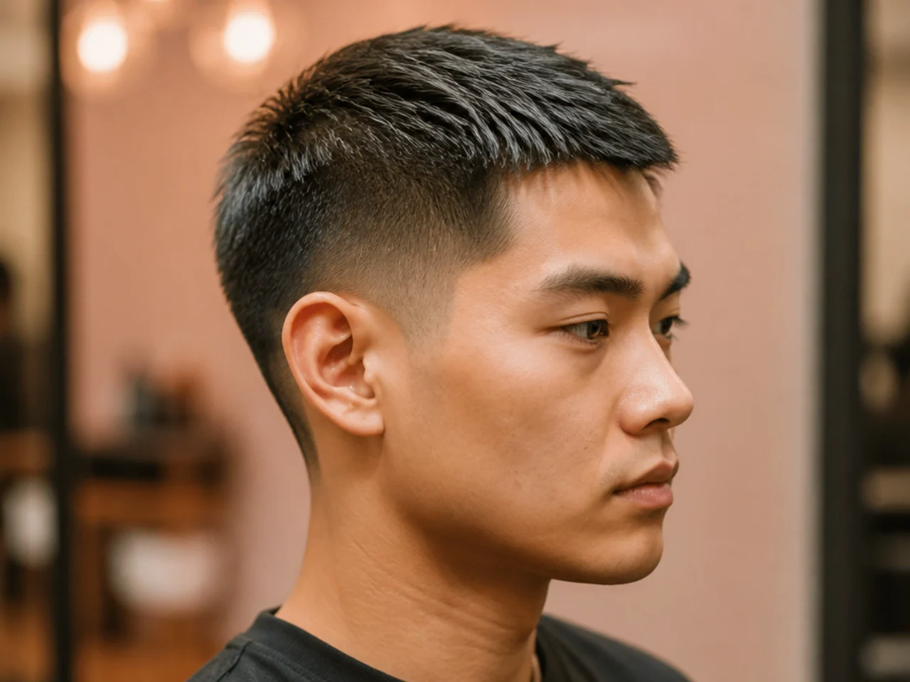 Client showing a barber a photo reference for a short straight-hair cut