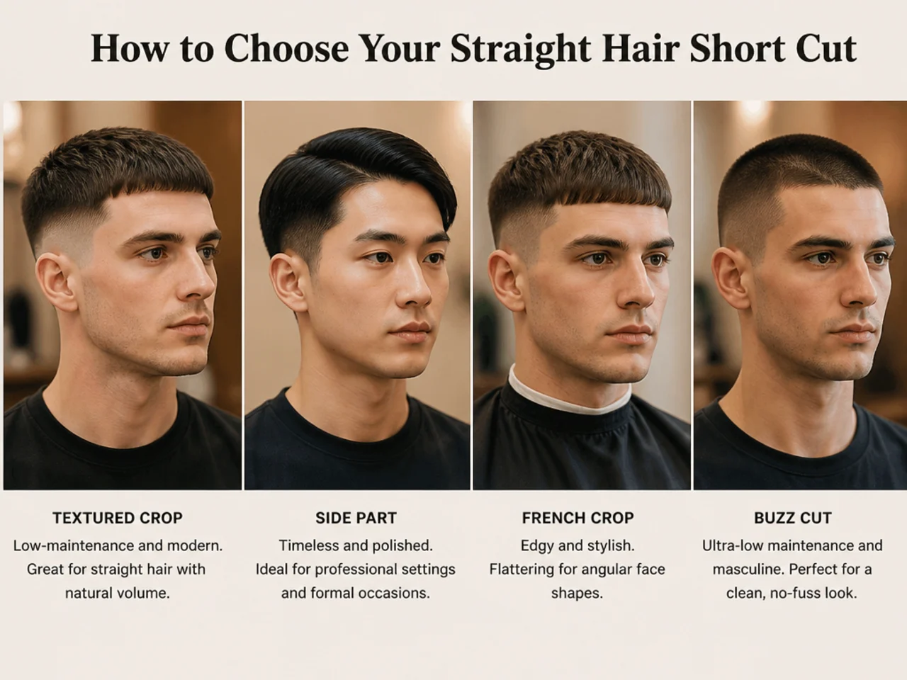 Barber consulting a straight-haired client on face shape and short cut options