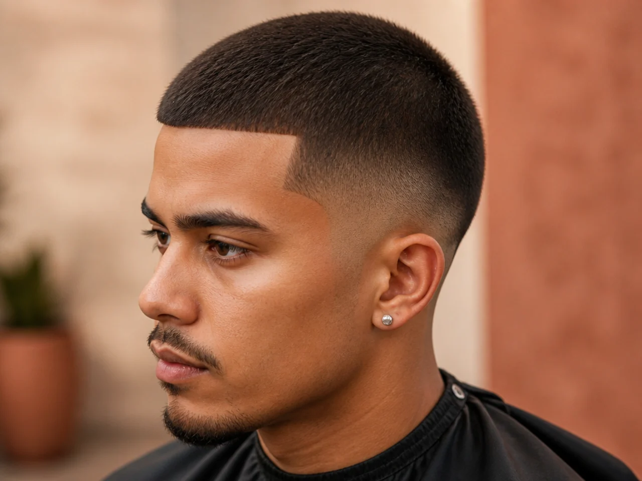 Long buzz on straight hair with a sharp line-up at the forehead