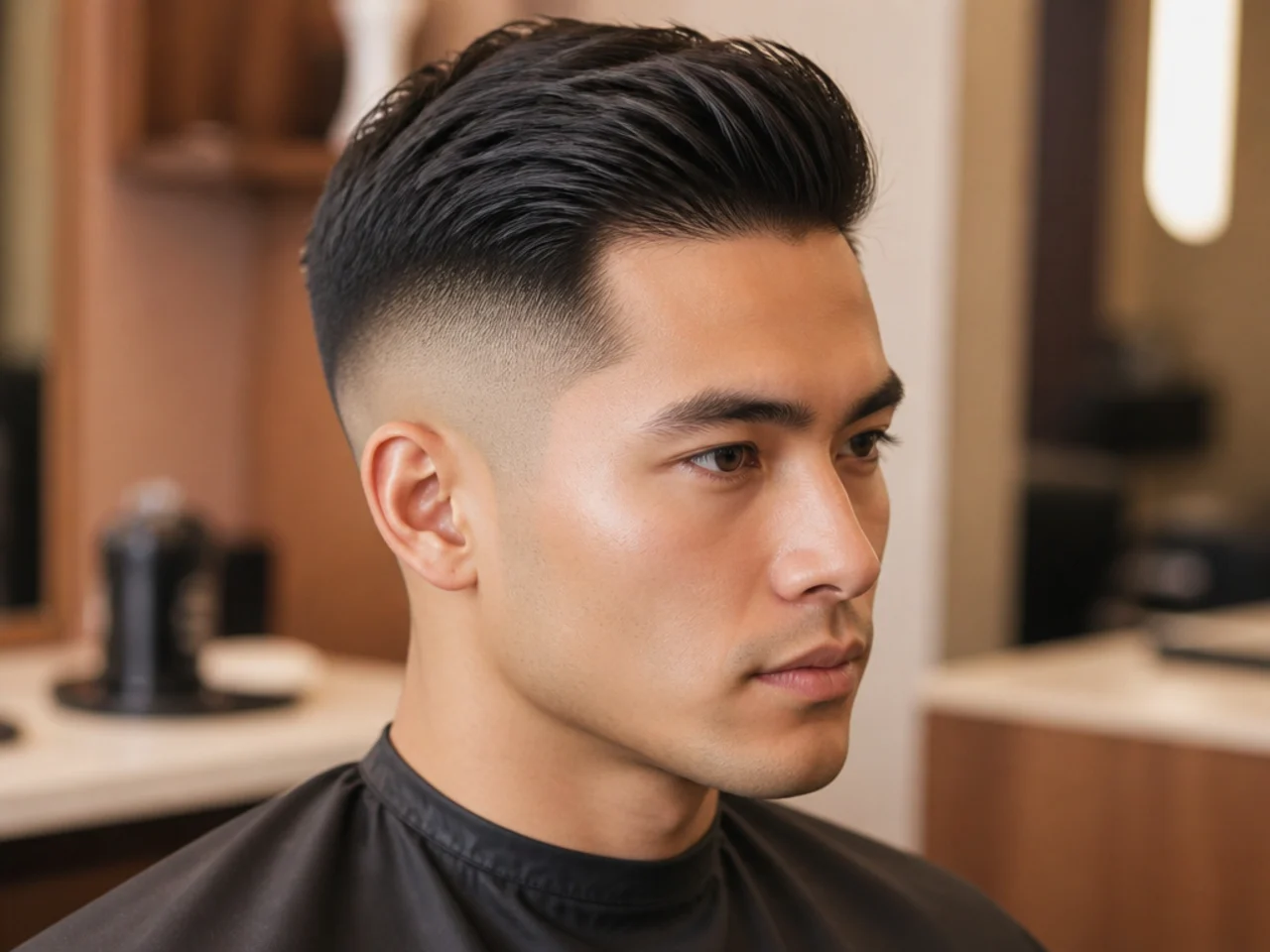 Modern executive cut on straight hair with a hard part and skin fade