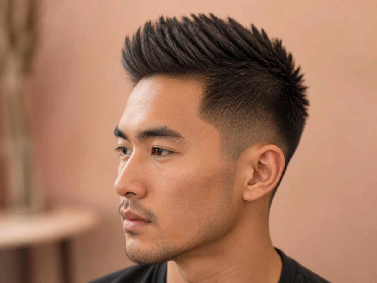 Short brush up on straight hair with volume forward and a low fade
