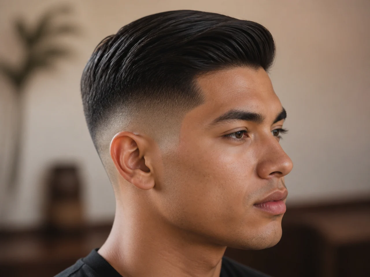 Short comb over on straight hair with a razored part and low fade