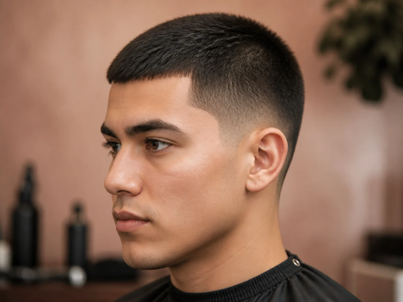 Short crew cut on straight hair with three-quarter inch top and tapered sides