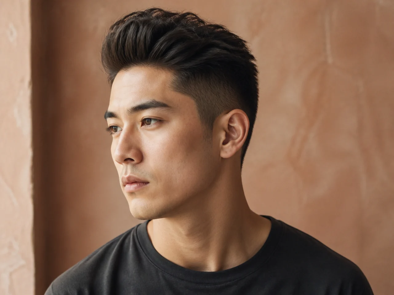 Short pompadour on straight hair with volume at the crown and low taper sides