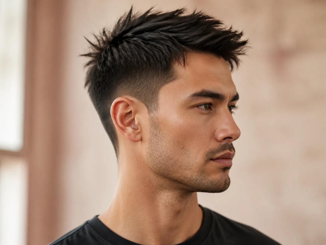 Short spiky cut on straight hair with point-cut texture and low fade