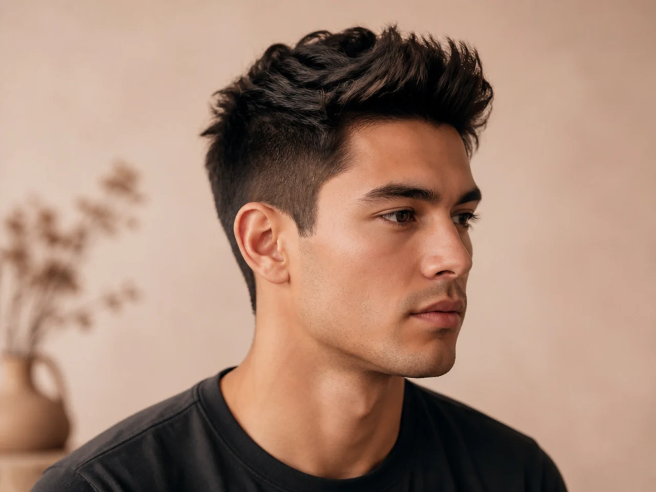 Short textured quiff on straight hair with lift at the front and a mid fade