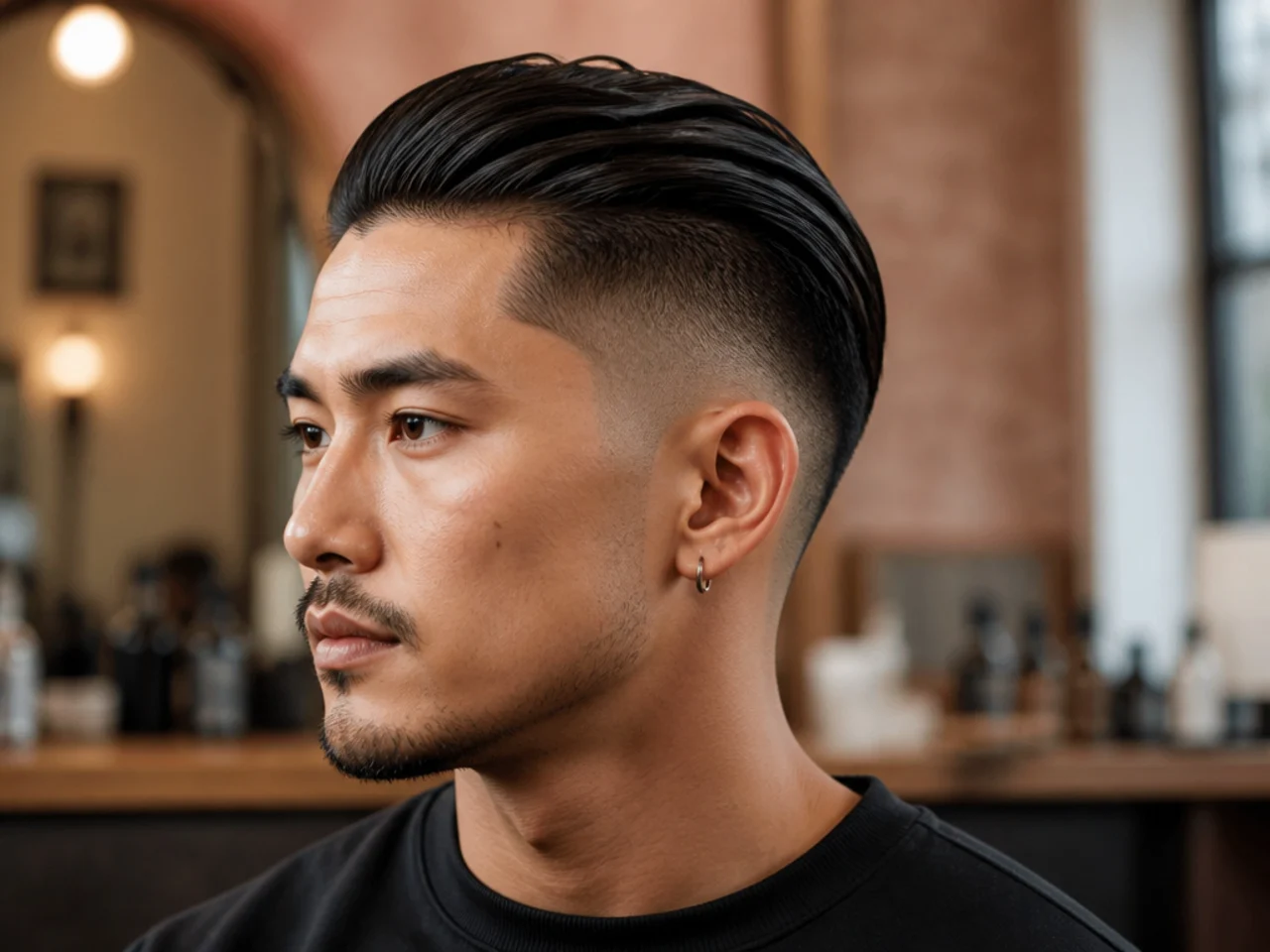Short slick back on straight hair paired with a disconnected undercut
