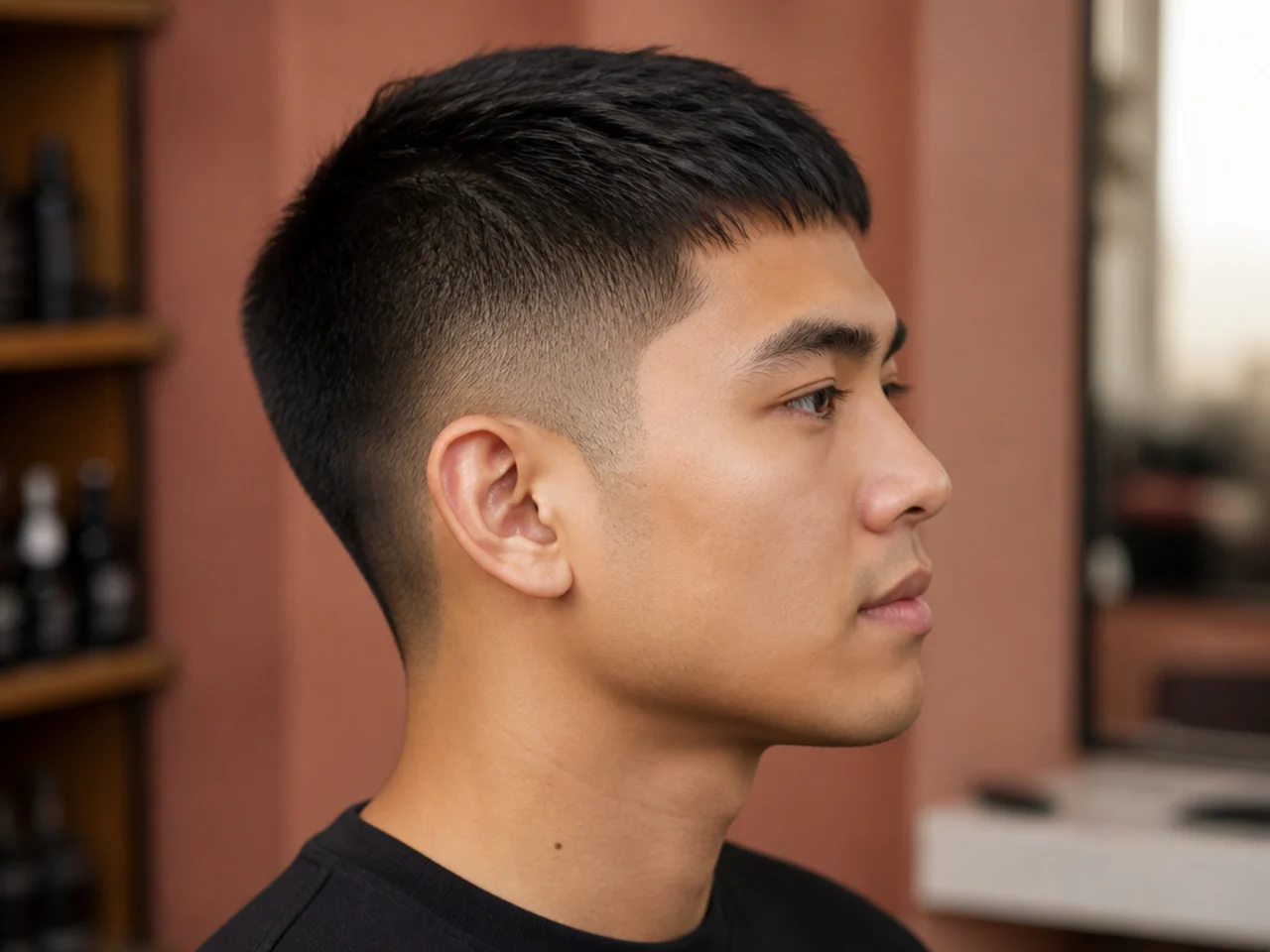 Short straight-hair styling products laid out on a barber counter