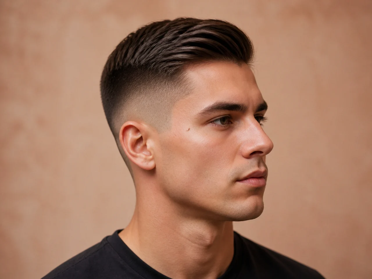 Short comb over with two inches on top and a razored part with low fade
