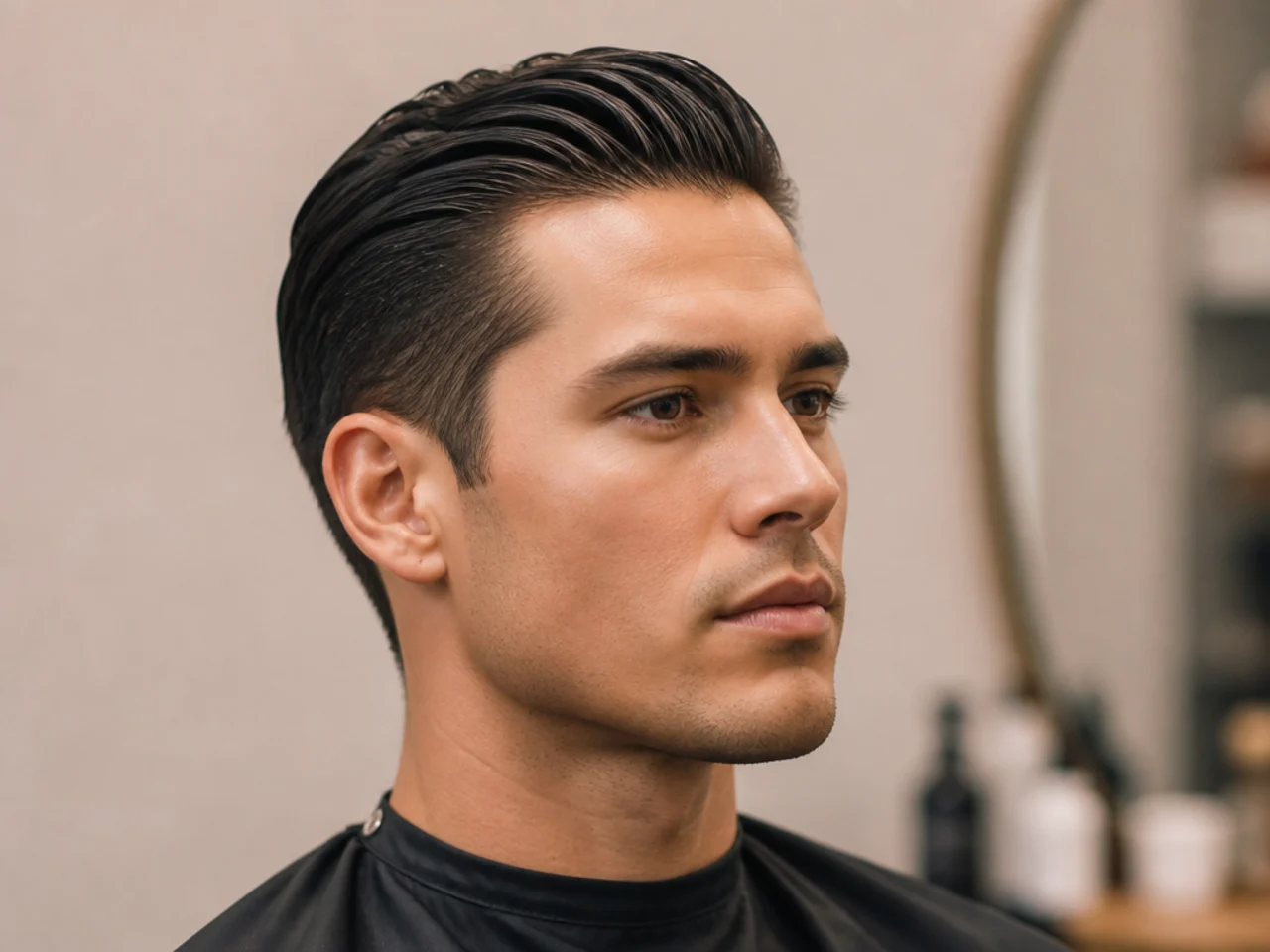 Short slick back haircut with two inches on top combed straight back off the forehead