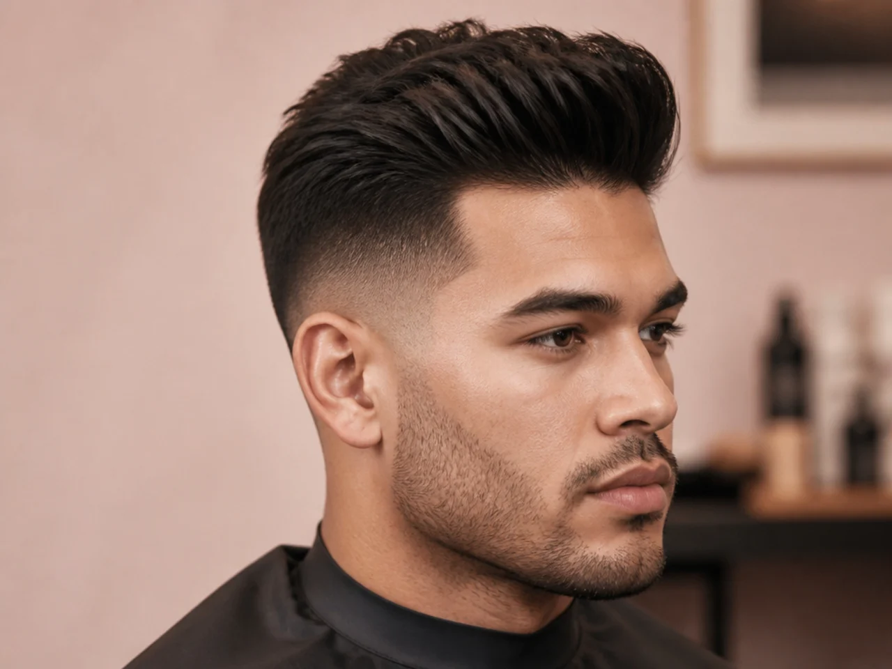 Short pompadour with two inches on top styled back and up with a subtle sheen