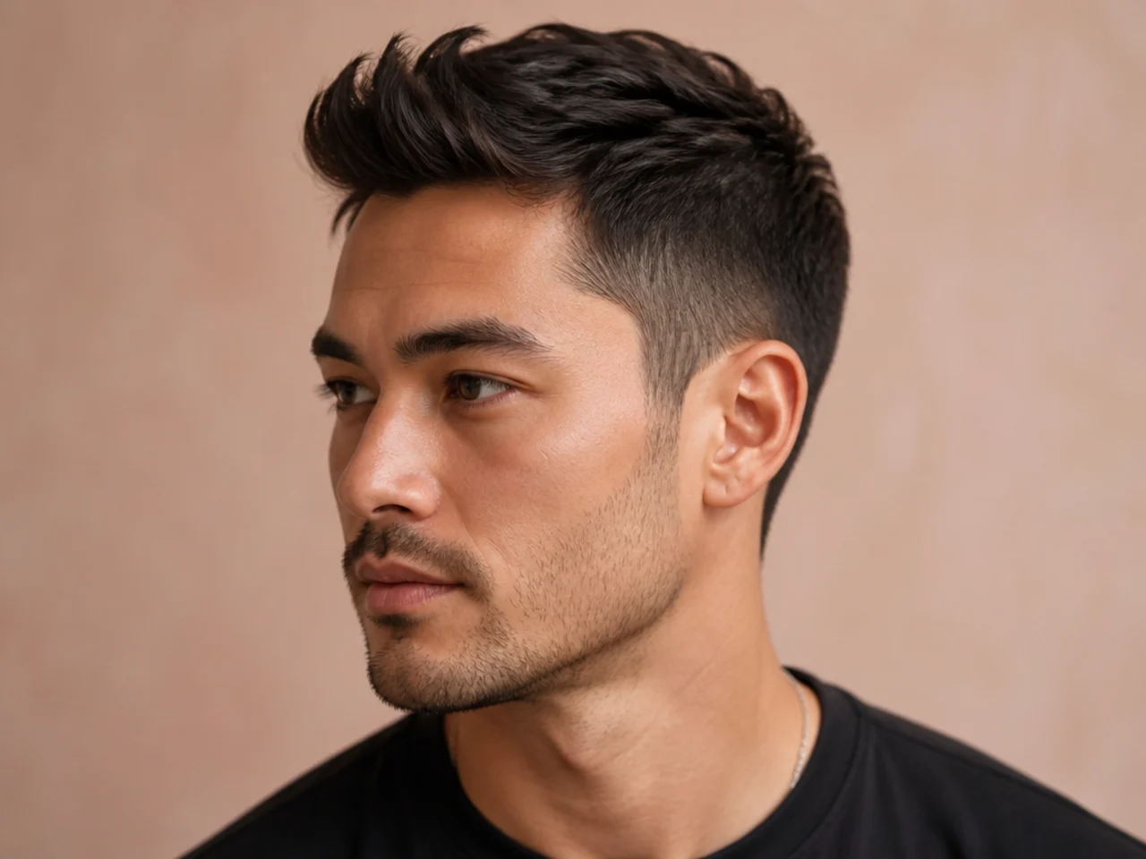 Mini quiff haircut with an inch and a half on top lifted at the front with a low fade