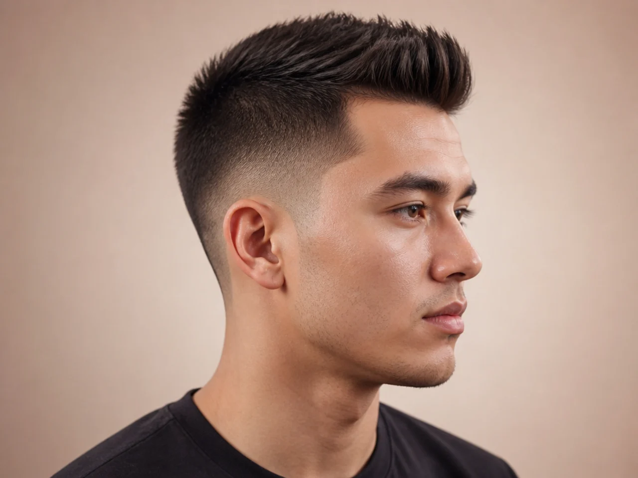 Short brush up haircut with inch and a half on top brushed straight up and forward