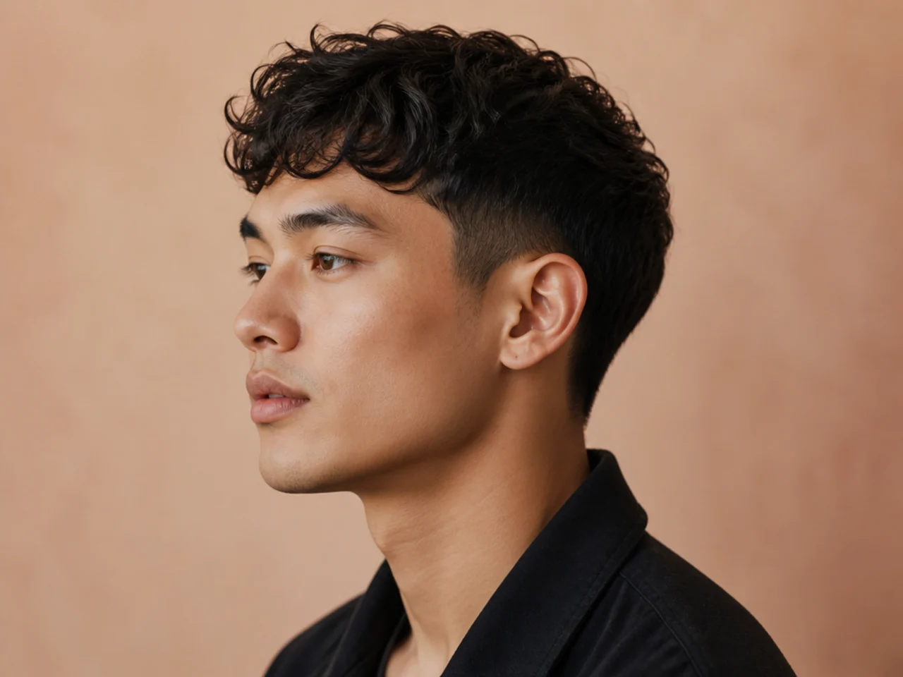Short comma cut with a soft comma-shaped curl at the temple on straight hair