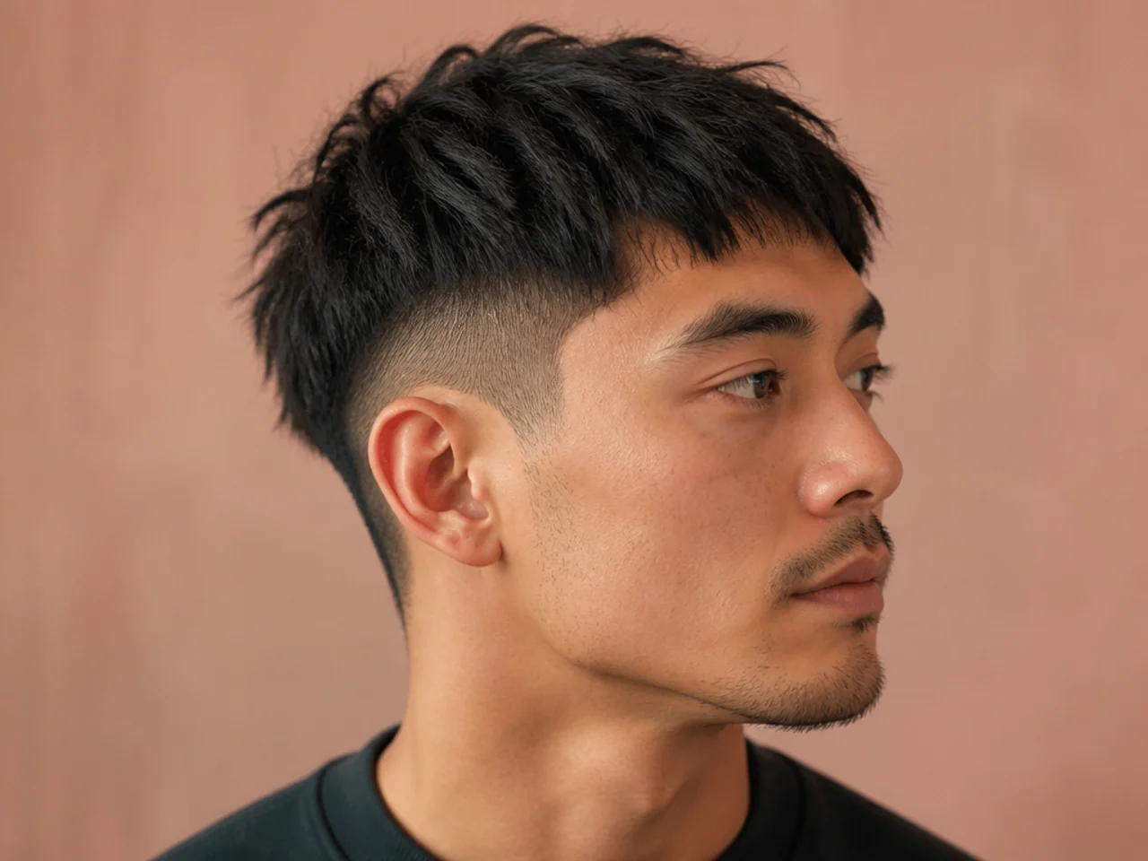 Disconnected short haircut with hard clippered sides and scissor-cut length on top