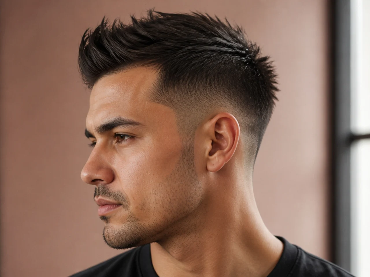 Short faux hawk with sides tapered to skin and length pinched up the center