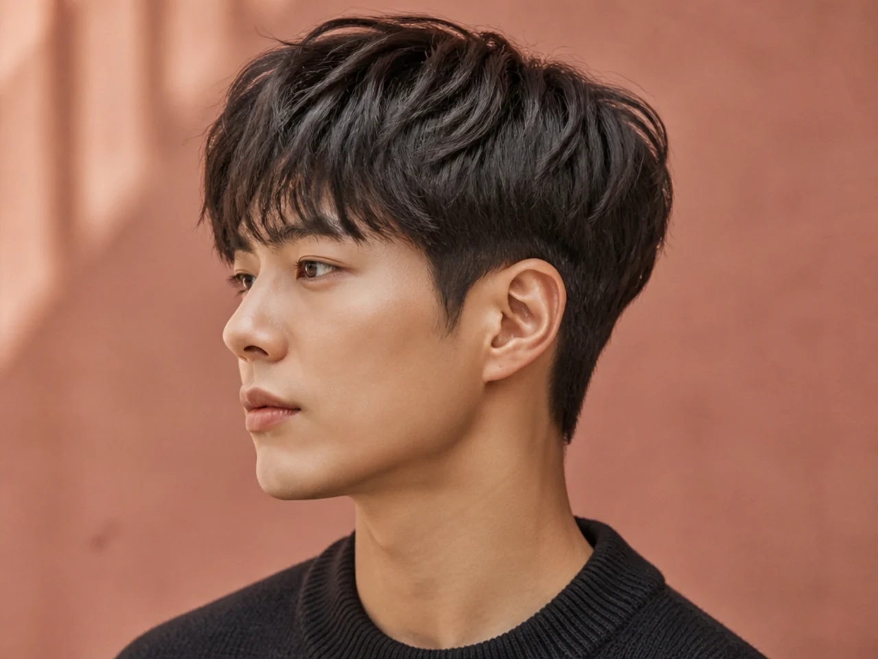 Korean short cut with inch and a half of soft forward-styled top and short undercut sides