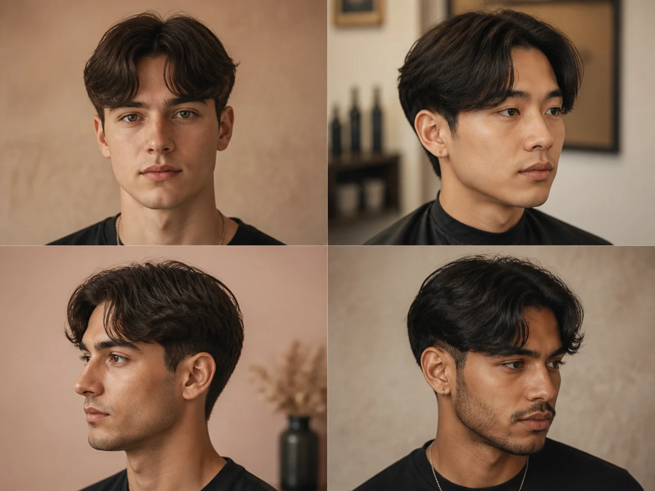 Short curtain fringe with an inch and a half on top and a light middle part on wavy hair