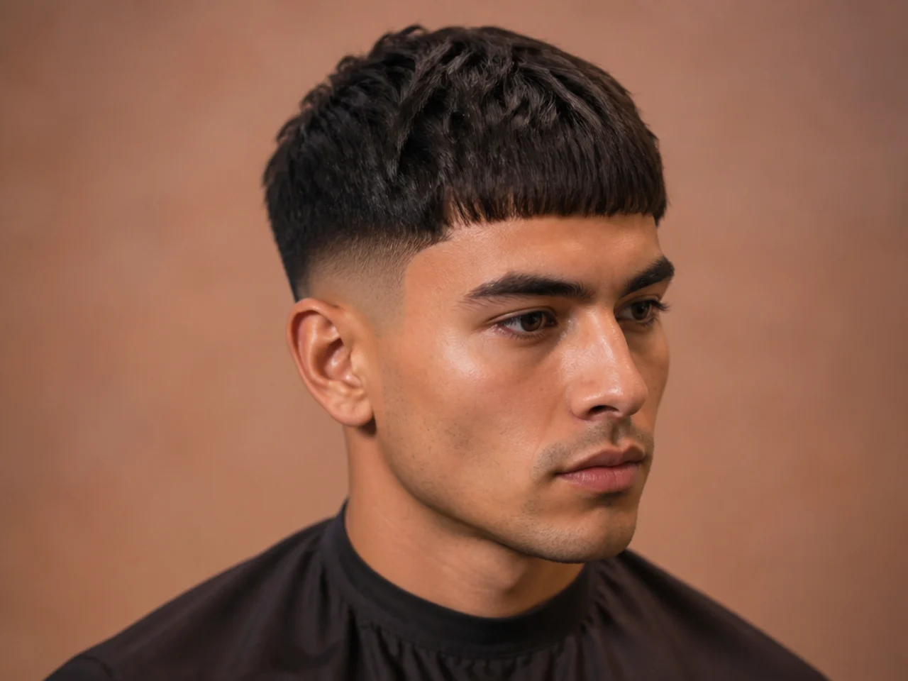 Short Edgar haircut with three-quarter-inch top, hard straight fringe line and skin fade