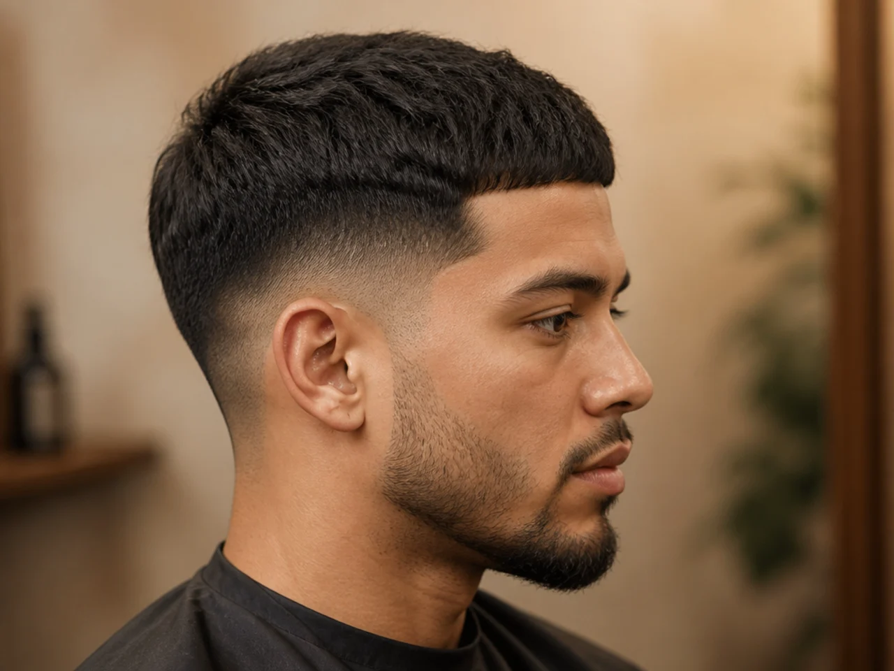 Low fade short crop with an inch on top and low fade dropping behind the ear