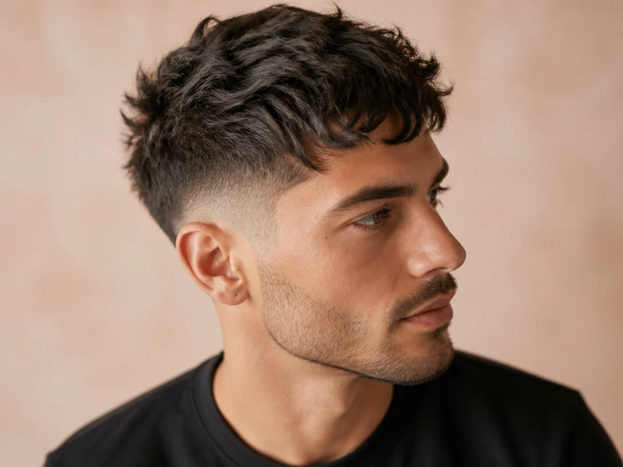 Short messy crop with an inch and a half on top point-cut into uneven ends and a mid fade