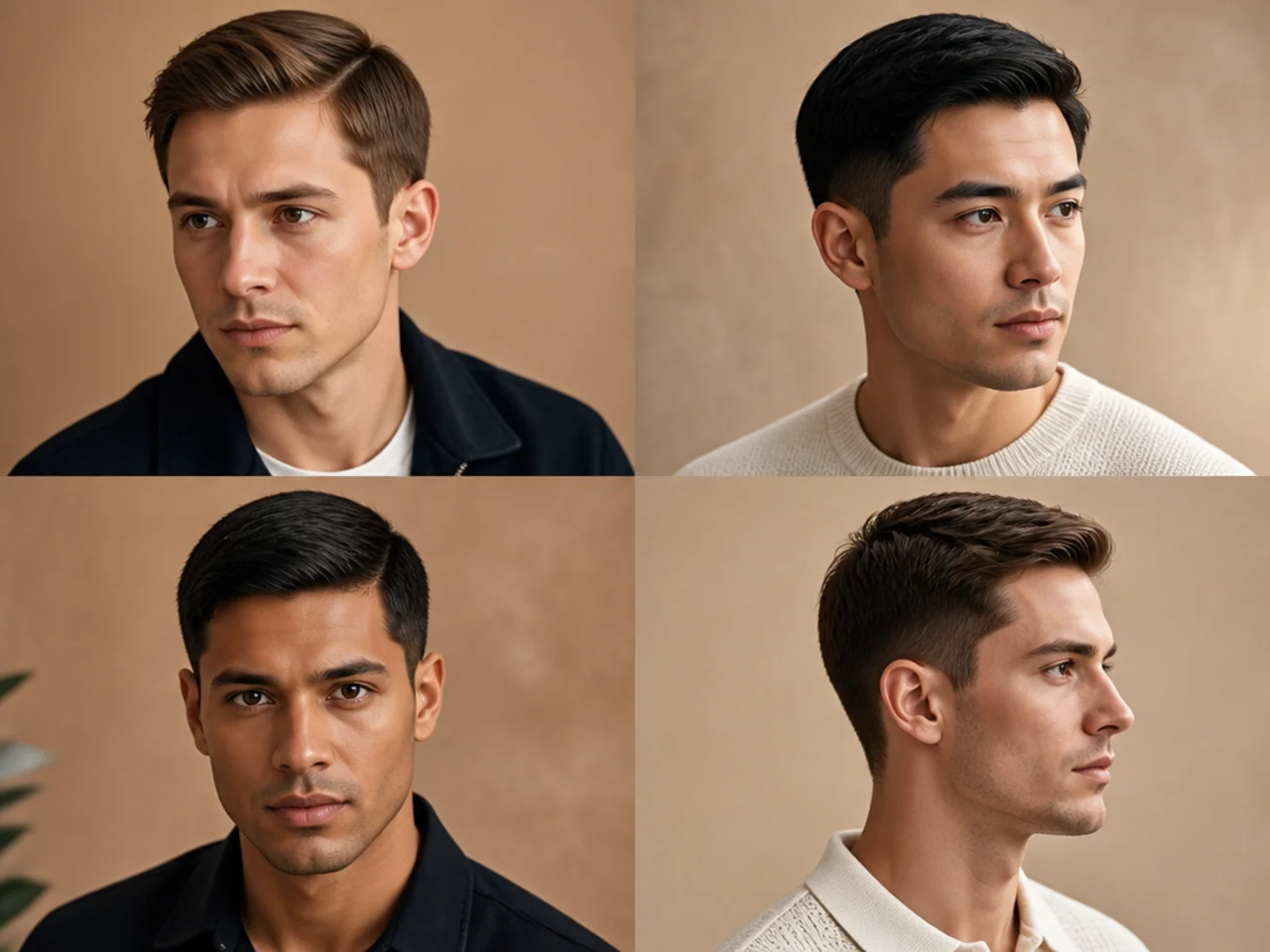 Ivy League short haircut with a defined side part and scissor-blended sides