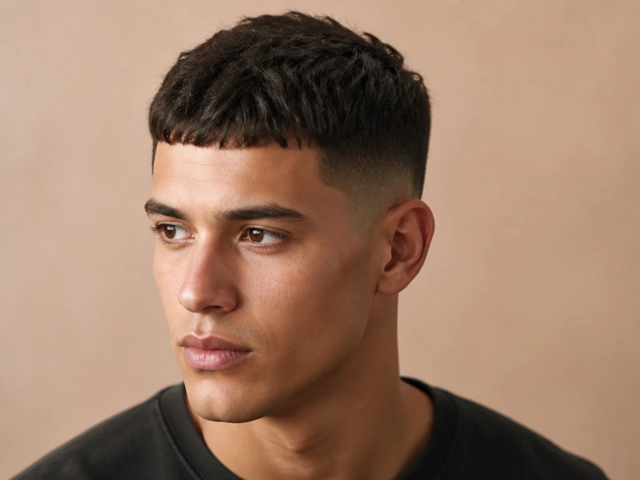 French crop with a blunt fringe at the brow and mid fade at the sides