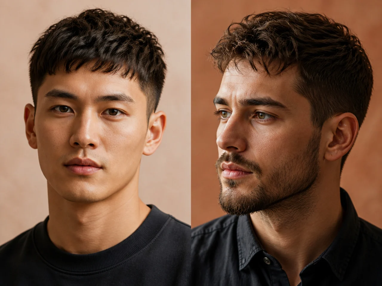 Textured crop with a piecey soft fringe and low fade sides on straight hair
