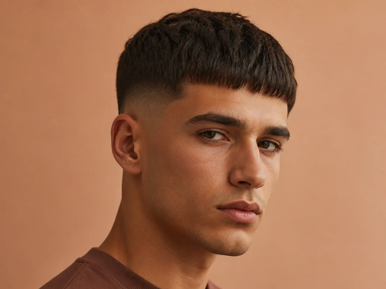 Modern Caesar cut with a short forward fringe and low fade at the sides