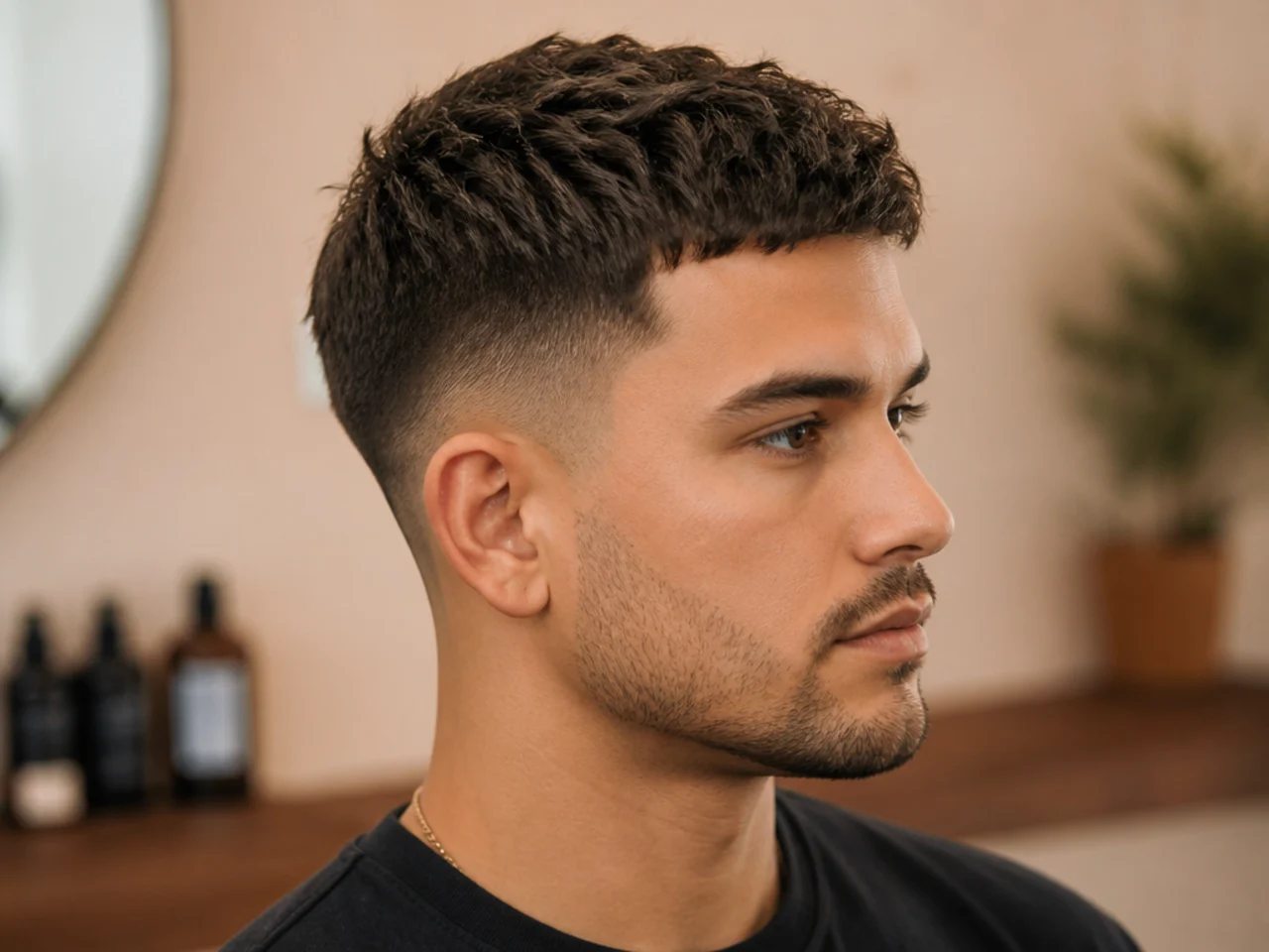 Client showing his barber a phone reference for a short mens haircut