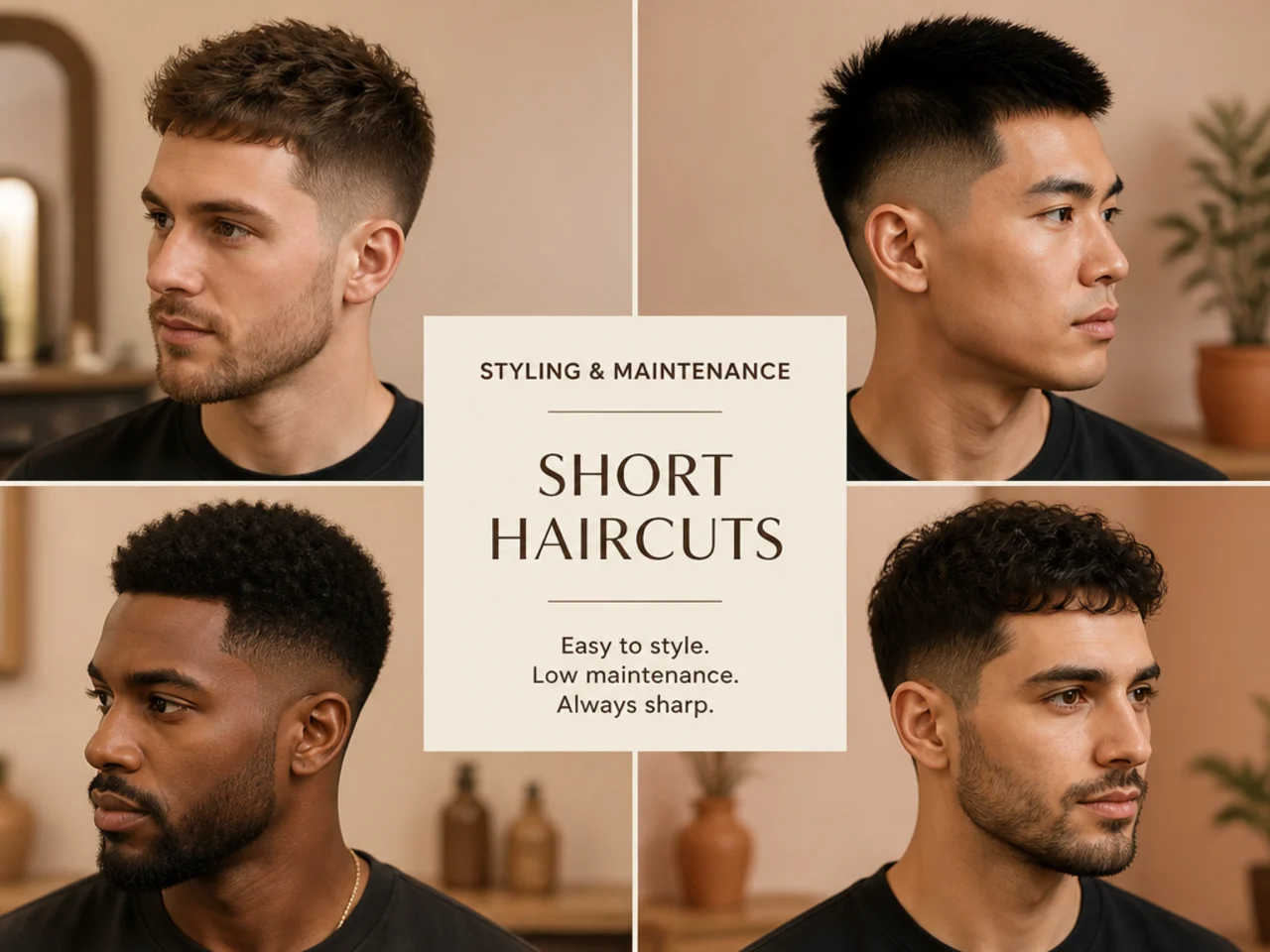 Men's short haircut styling products laid out on a warm-toned barber counter