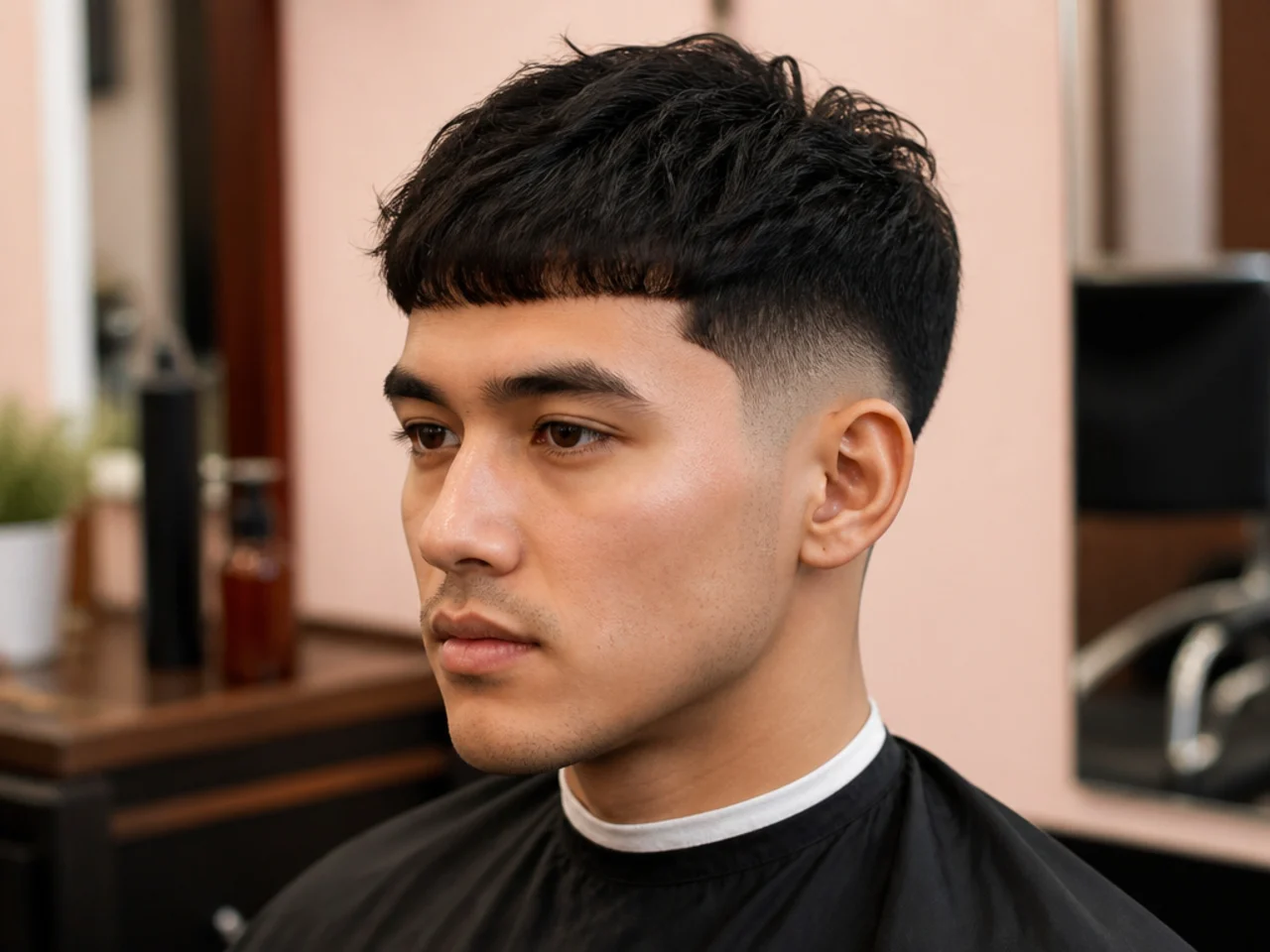 Client checking his low fade in a hand mirror mid-cut and pointing at a spot on the sides