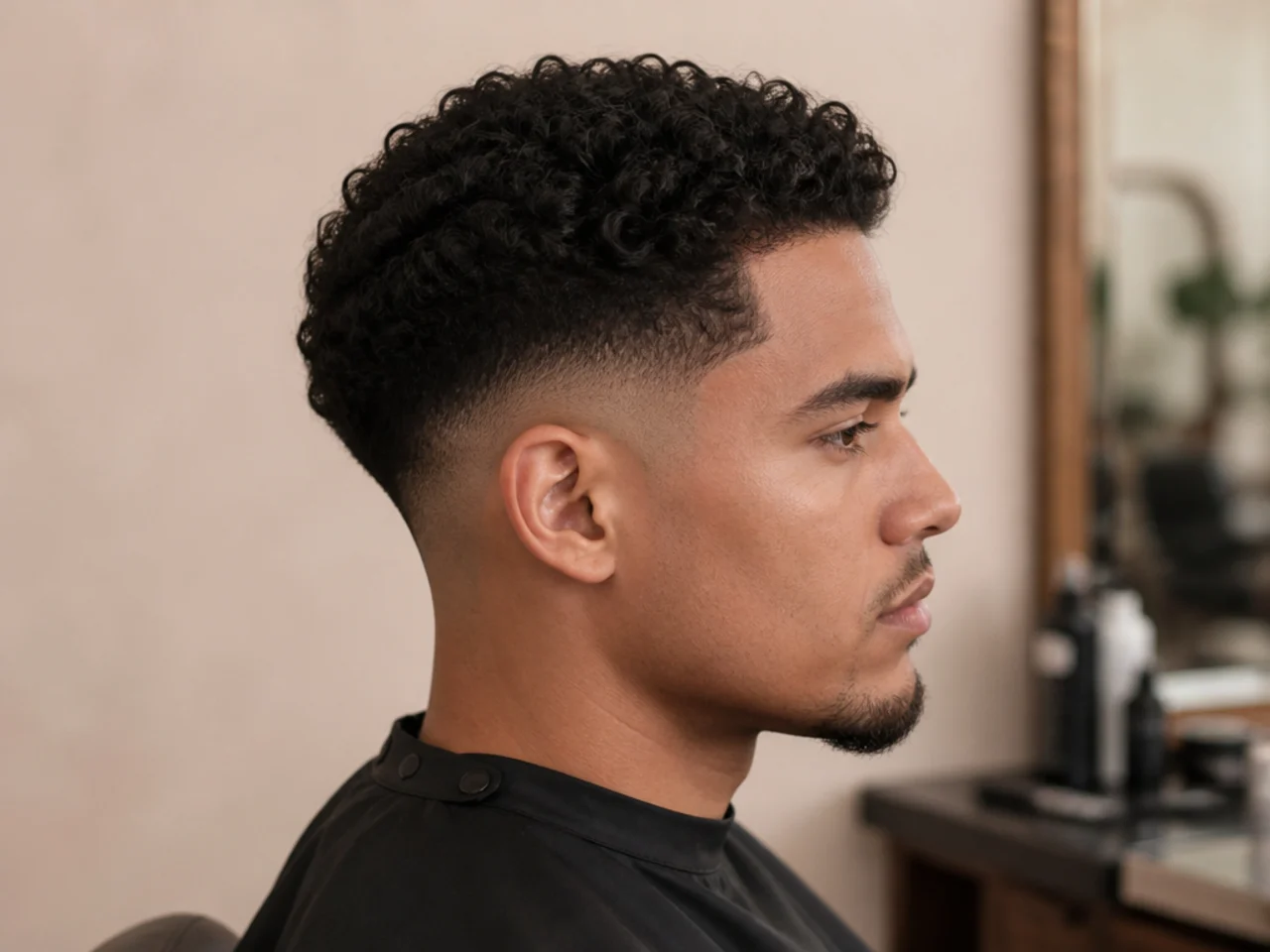 Barber and client in the mirror mid-consultation before a low fade begins