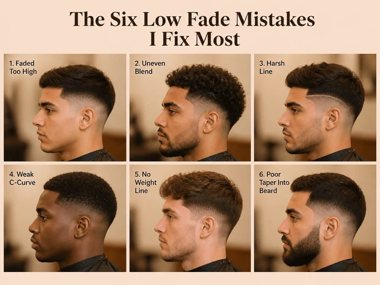 Grid of six low fade reference photos showing common variations and misreads