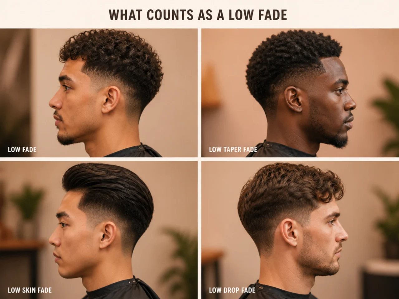 Side profile of a clean low fade blending softly above the ear on straight brown hair