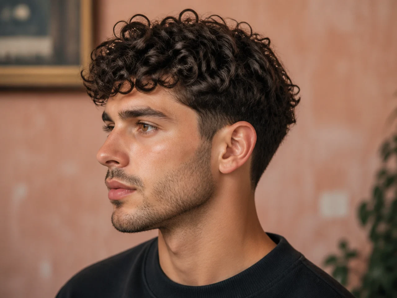 Medium curly cut with defined curls and low taper fade