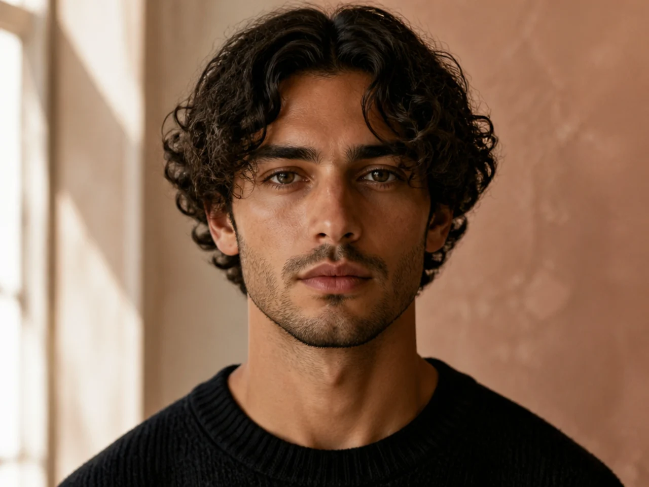 Curly middle part with face-framing coils and scissor sides