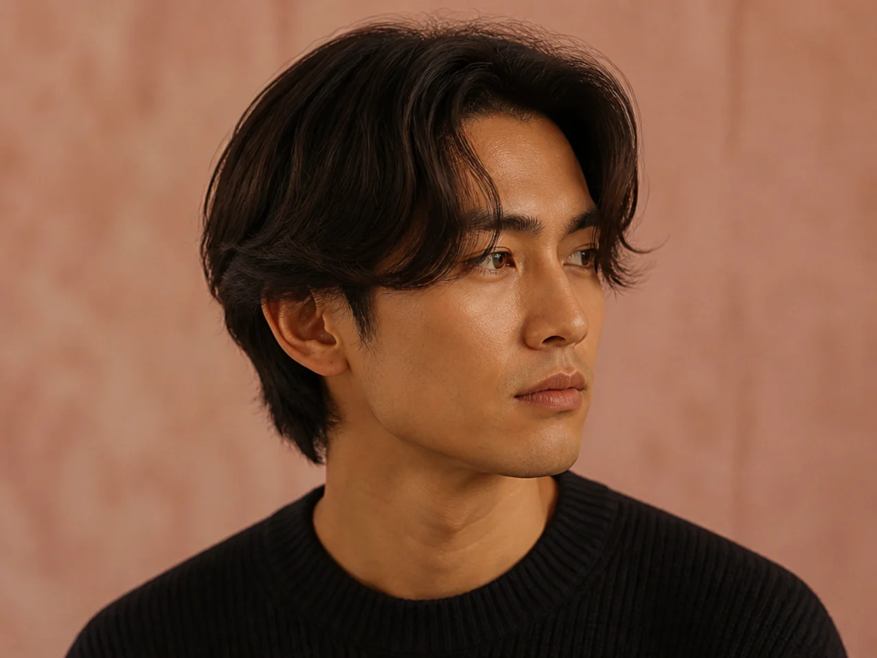 Medium comma hair with curved fringe and mid fade