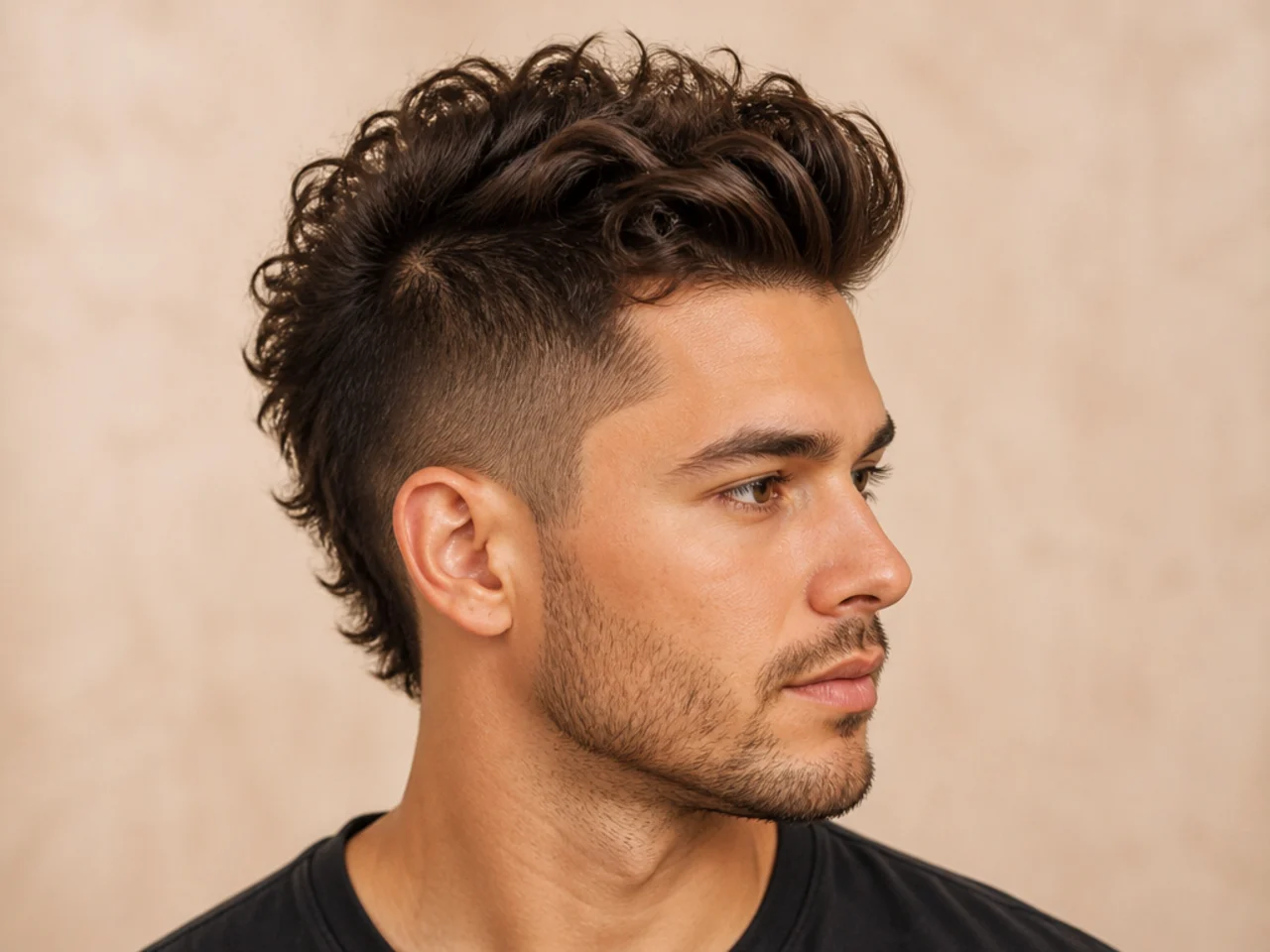 Long faux hawk with lifted center strip and high fade sides