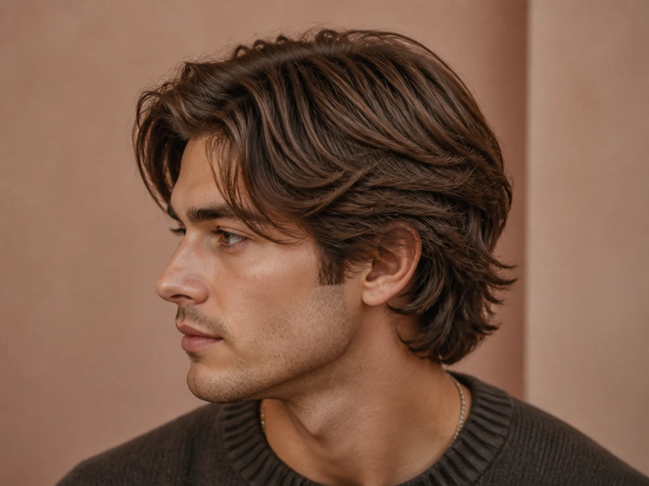 Layered medium cut with rounded crown and soft scissor sides