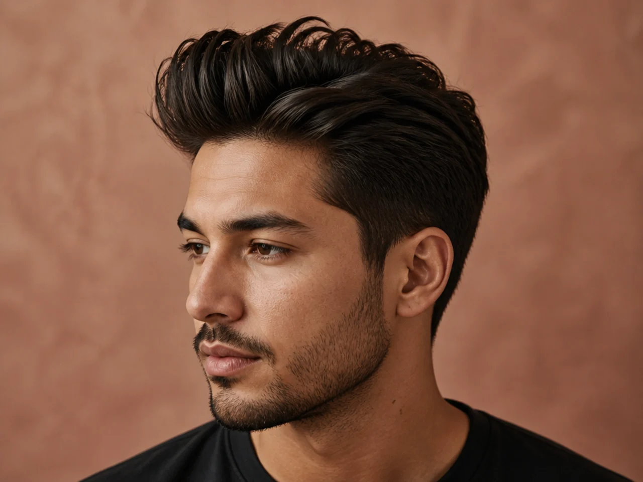 Medium quiff with lifted front and mid fade sides