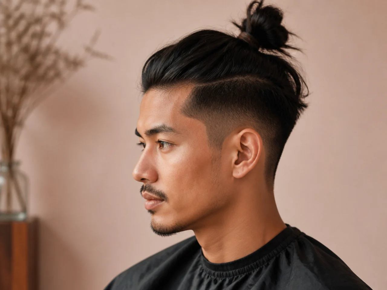 Top knot cut with medium length top and skin fade sides