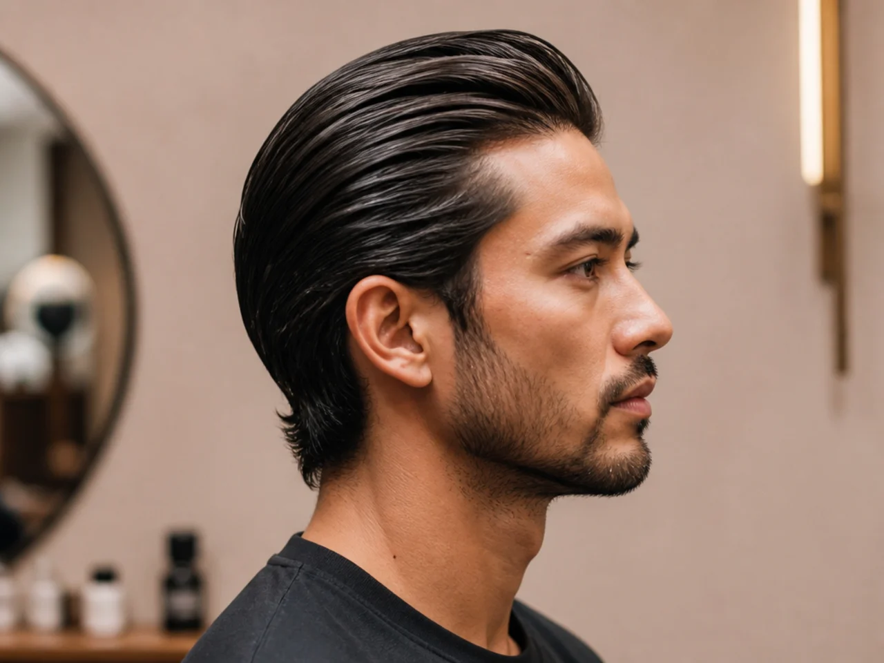Classic slick back with medium length top and mid fade