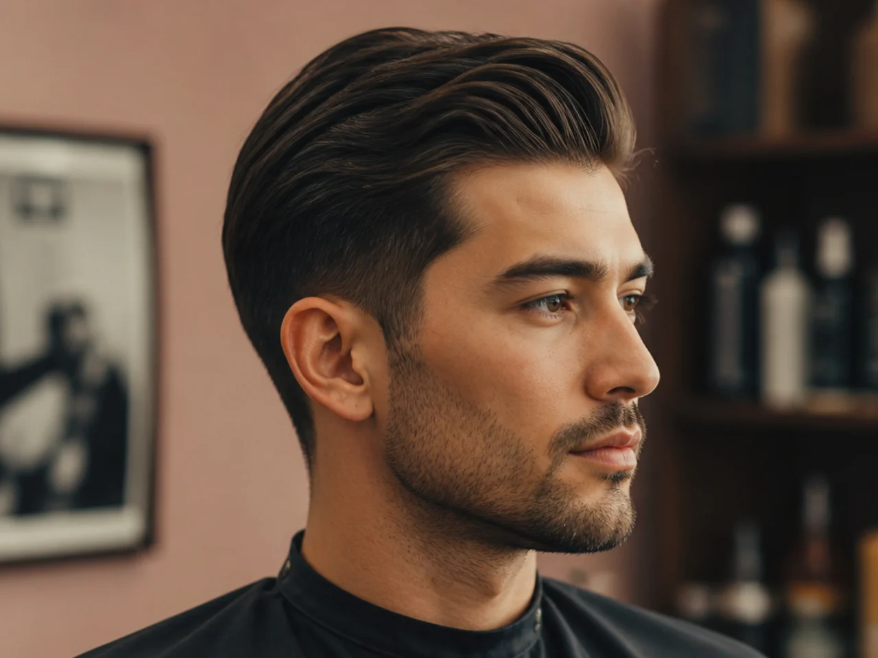 Traditional comb over with hard side part and scissor-tapered sides